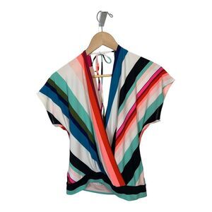 EXPRESS Women’s Striped Surplus Front/Back Tie Neck Top Blue/Green Size Small